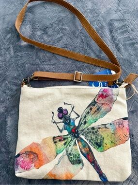 New! Cott N Curls Canvas Dragonfly Crossbody Bag with Brown Strap